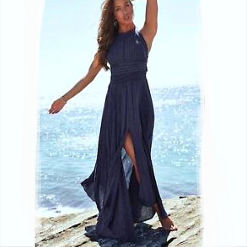 Jaase Endless Summer Gauze Maxi Halter Dress M Blue Gold Boho Goddess Hippie NEW